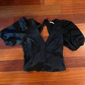 Abercrombie & Fitch satin puff sleeve blouse with open back